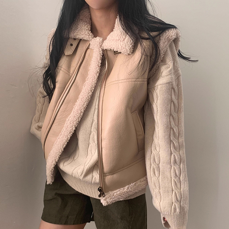 シックな秋冬レトロユニークなラペル Pu レザー毛皮のベストジッパールーズ女性のジャケット通勤スタイル長袖フリップ襟