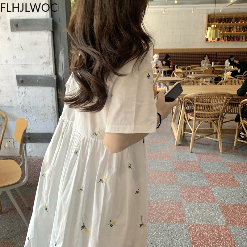 Свободное летнее милое платье-рубашка в японском стиле для девочек с цветочной вышивкой, винтажное однобортное платье-рубашка из хлопка на пуговицах в стиле ретро