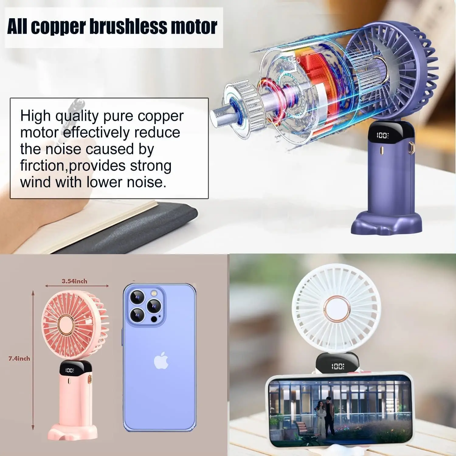 Mini ventilatore portatile 3000mAh pieghevole portatile da scrivania collo esterno appeso 5 velocità USB ricaricabile ventilatore supporto per telefono schermo di visualizzazione