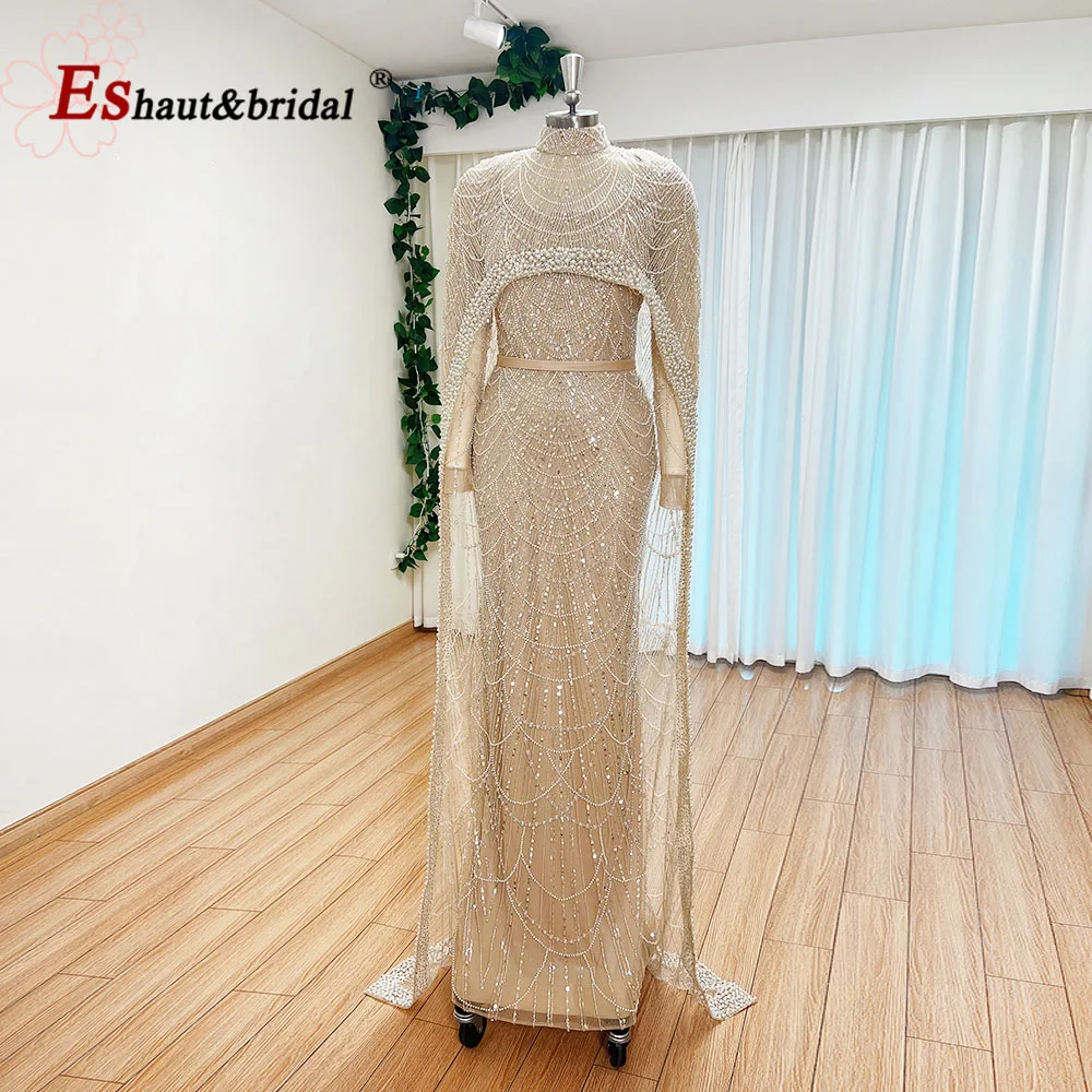 Luxuriöses Perlen-Abendkleid aus Dubai-Arabien mit Umhang 2023, Meerjungfrau, lange Ärmel, formelles Abschlussball-Hochzeitskleid für Frauen, individuell gestaltet