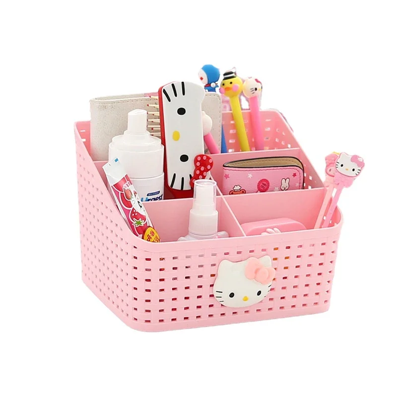 Hello Kitty Desktop Storage กล่องเครื่องสำอางค์แต่งหน้าเครื่องประดับตะกร้ากล่องสำนักงานอะนิเมะผู้ถือของขวัญ