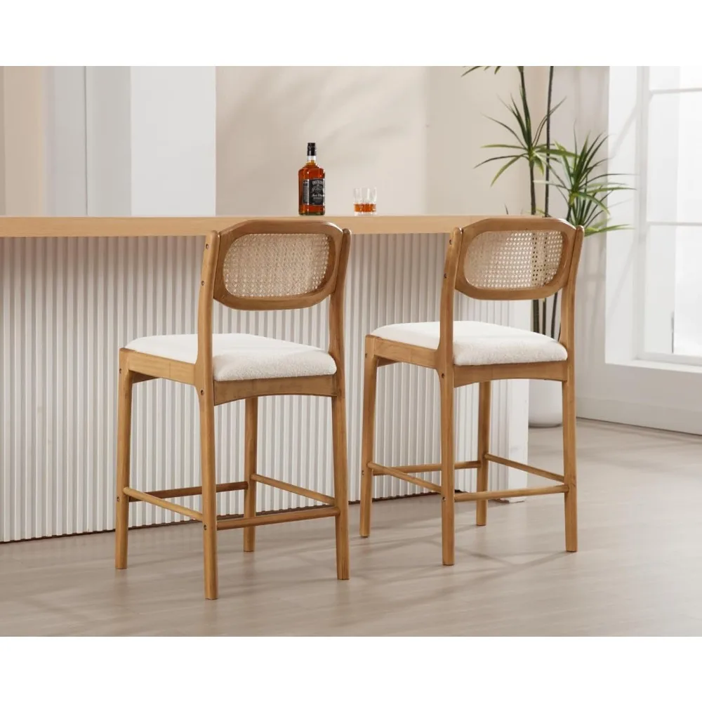 Rattan Bar Stools Set of 2 Upholstered Boucle Counter Stools Mid Century Modern Bar Chairs Wood Cane Back Kitchen Chairs Farmhou