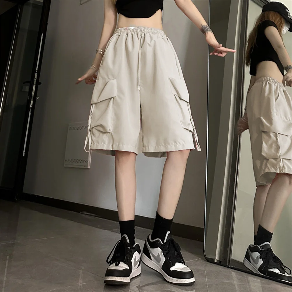 Летние широкие шорты большого размера Y2K, повседневные шорты-карго, женские черные уличные шорты в стиле Харадзюку, модные мешковатые короткие брюки с высокой талией, новые