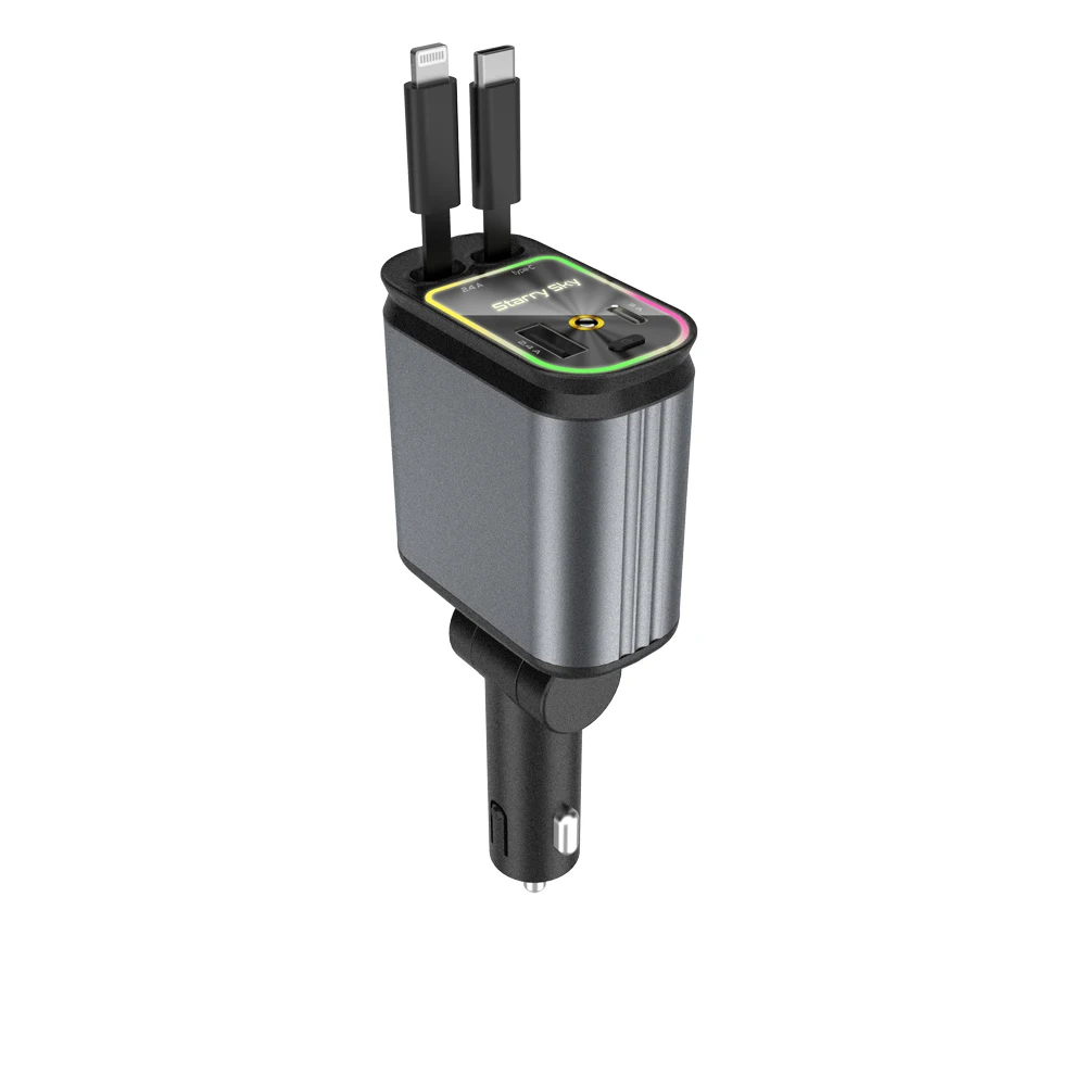 4-in-1-Autoladegerät, einziehbares Kabel, automatisches Dach, Sternenlicht, Typ C, schnelles Aufladen, Zigarettenanzünder für iPhone, Huawei, Samsung
