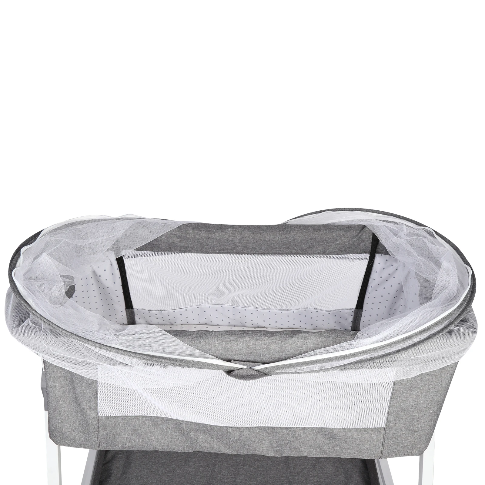 Cama de bebê 4 em 1, berço portátil, berço multifuncional e mesa de troca, colchão, rede, cesta de armazenamento, altura ajustável