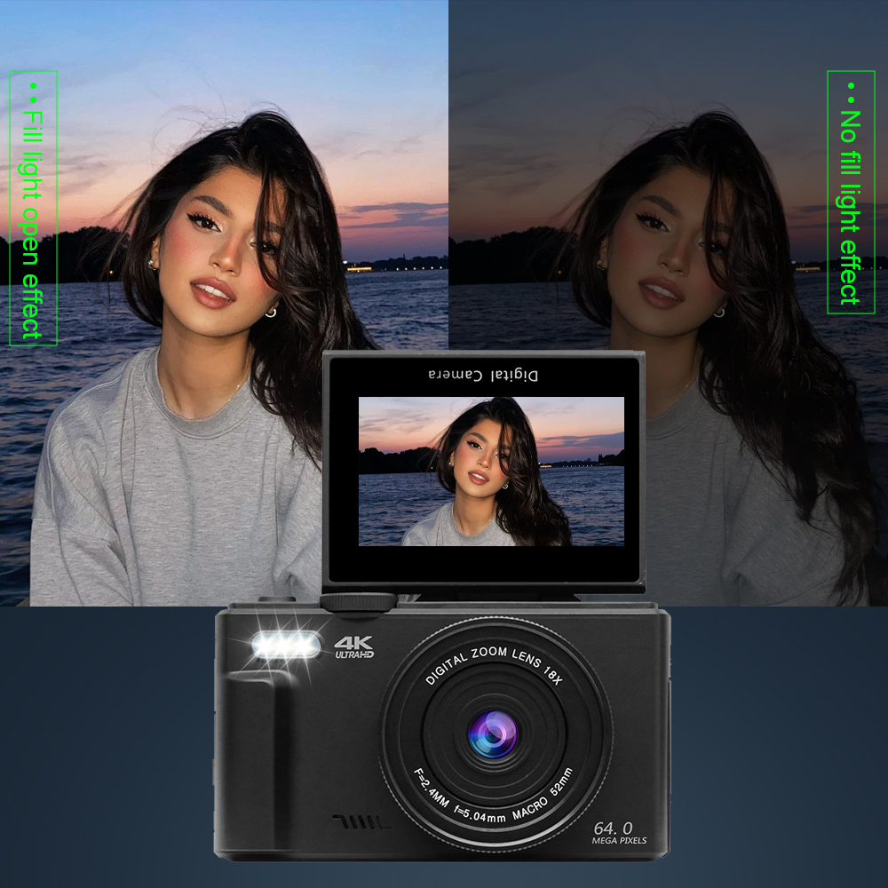 Kompakte digitale Fotokamera 4K 18X Digitalzoom Vintage Videorecorder YouTube WiFi Webcam 64 MP 180 ° Flip-Screen-Kameras