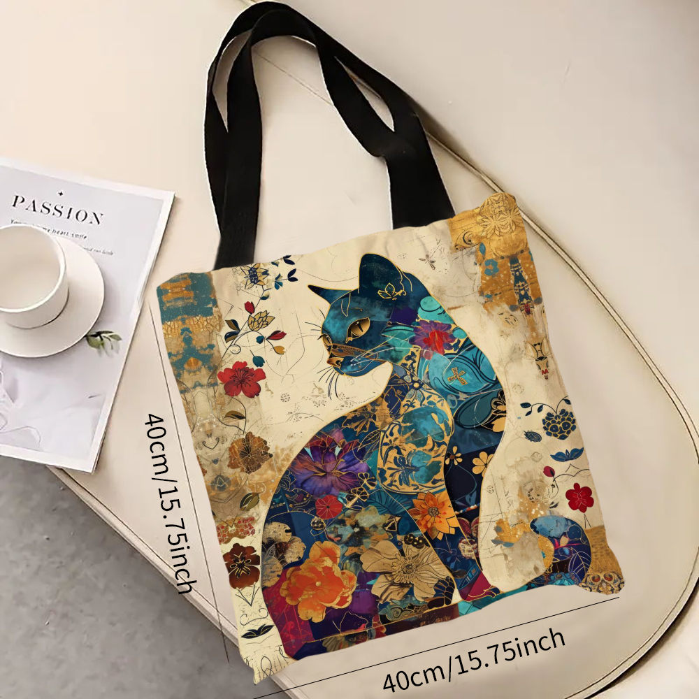 Bolso de mano con diseño floral de gato, bolso de mano decorativo con patrón retro, bolso de hombro de uso informal diario, bolso de compras práctico de gran capacidad