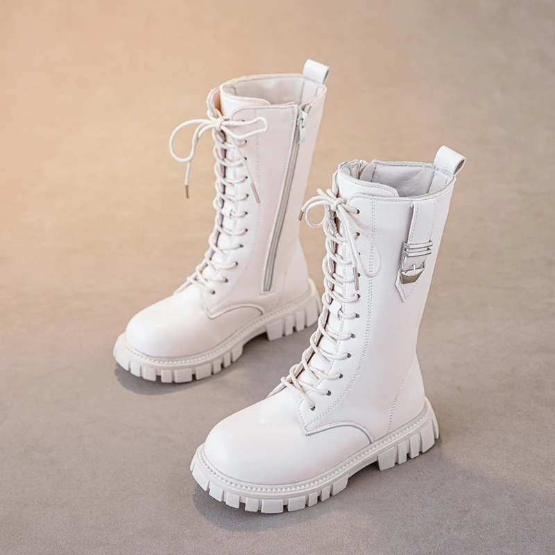 Botas elegantes con cremallera para niña, botas informales a la moda para otoño/invierno, punta redonda, suela gruesa cálida, botas cómodas con entresuela de encaje para niño