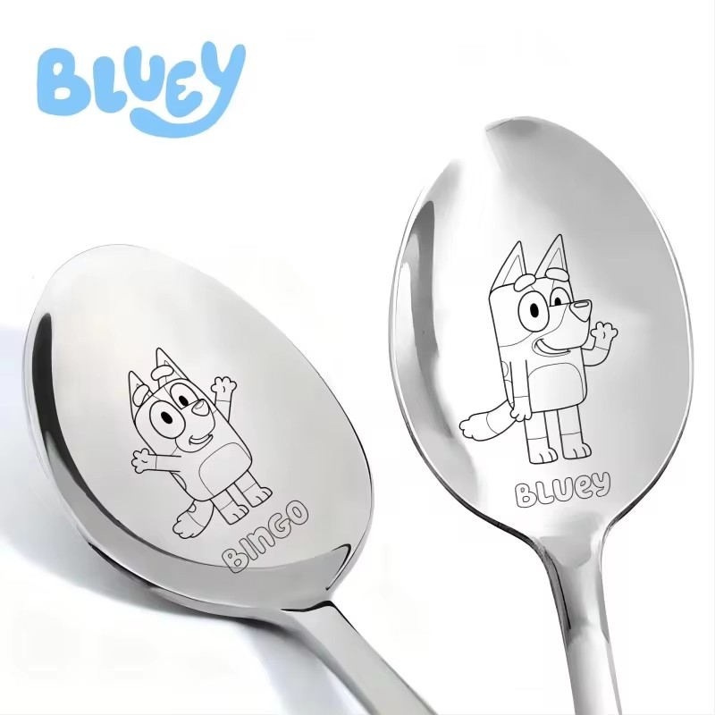 Cuchara Bluey de dibujos animados, familia de Bingo, cucharón de acero inoxidable, comida casera para niños, vajilla, cucharas, regalos de cumpleaños, suministros para fiestas