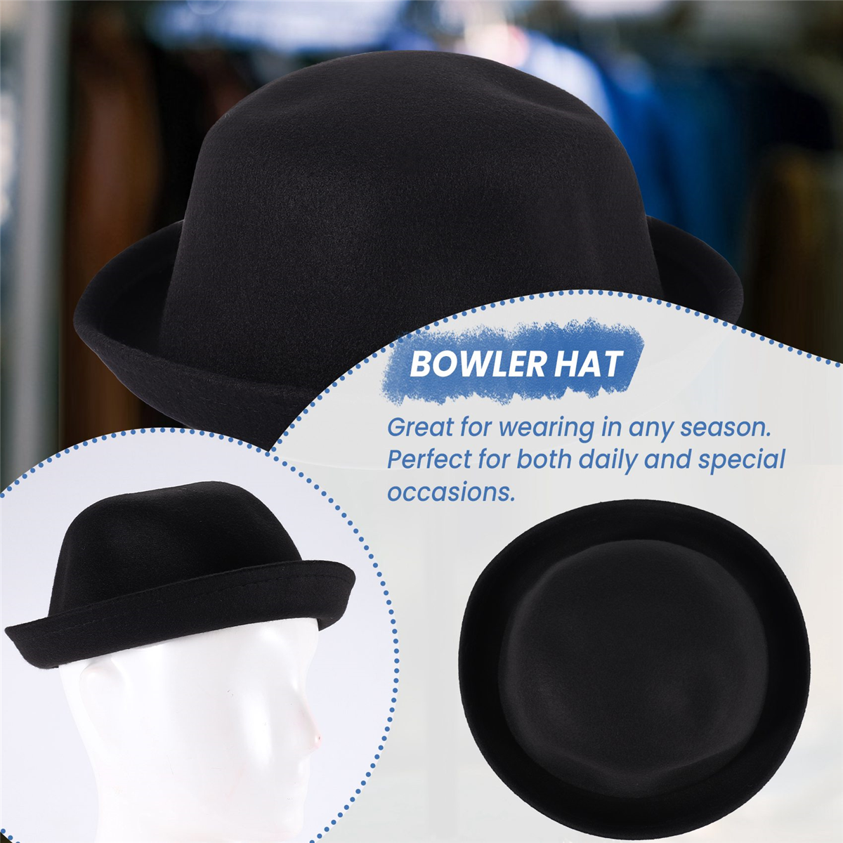 BABQ 1 peça melão bowler chapéu chapéu bowler chapéu de feltro chaplin chapéu de equitação (preto)