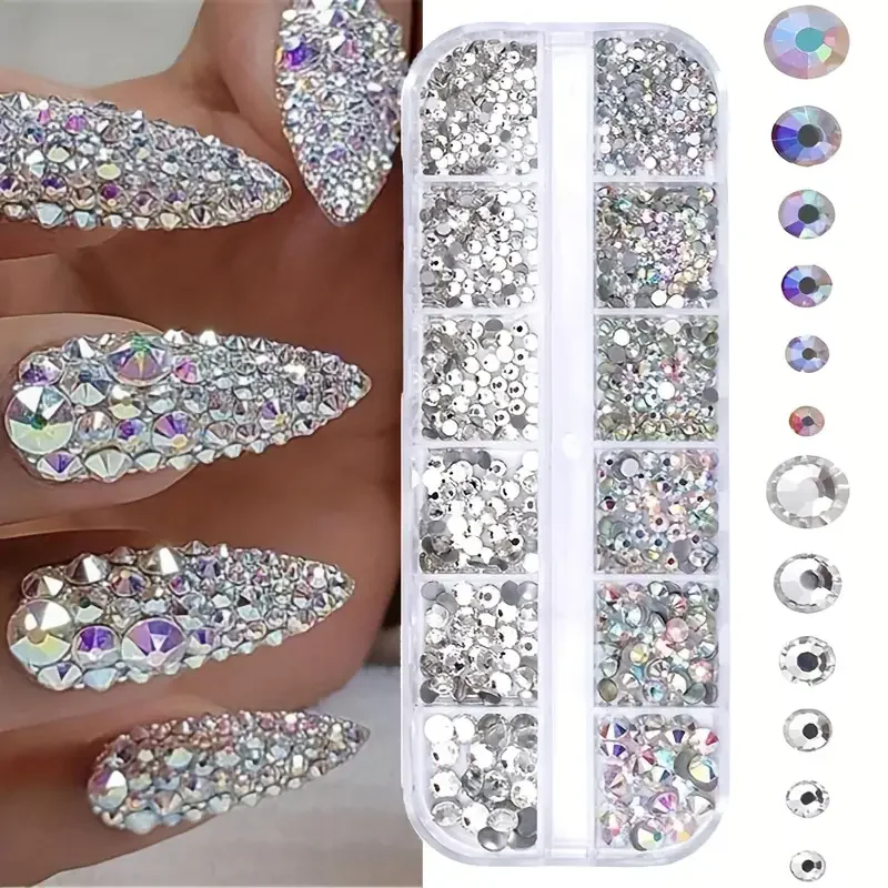 Diamantes de imitación para uñas con parte posterior plana en caja, gemas para uñas de cristal AB y Kit de diamantes de imitación de cristal transparente, dijes para decoración de uñas, accesorios de manicura DIY