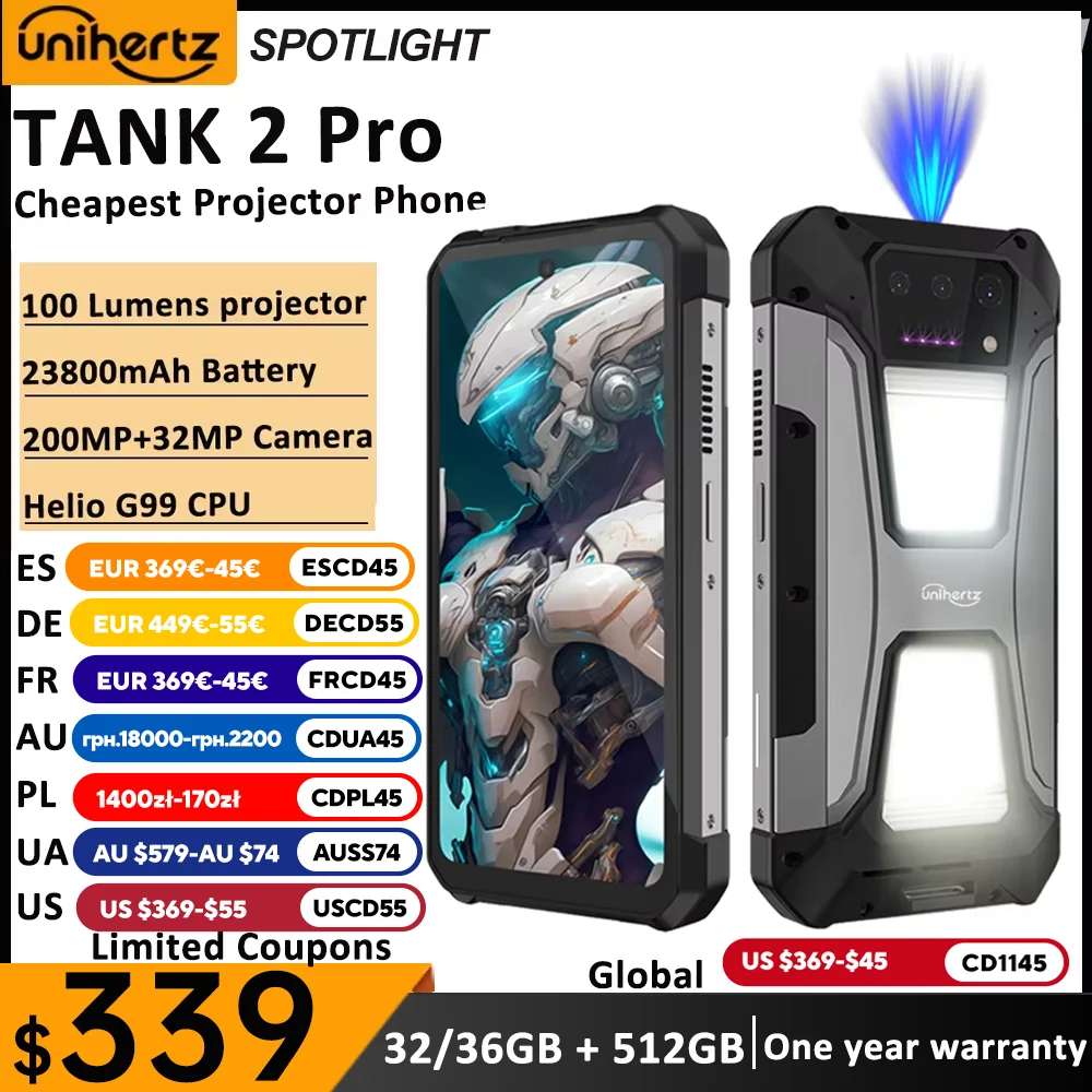 Unihertz tank 2 Pro 8849 rugged smartphone with projector 2.4K 23800 mAh 24GB + 512GB mobile phone Android 14 100MP NFC cell phone