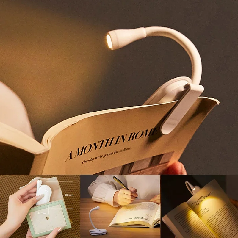 Mini lampada da libro a LED Clip portatile Luci notturne Ricarica USB Clip dimmerabile 360 °   Flip Eye Protect Lampade da libro per il campeggio in camera da letto