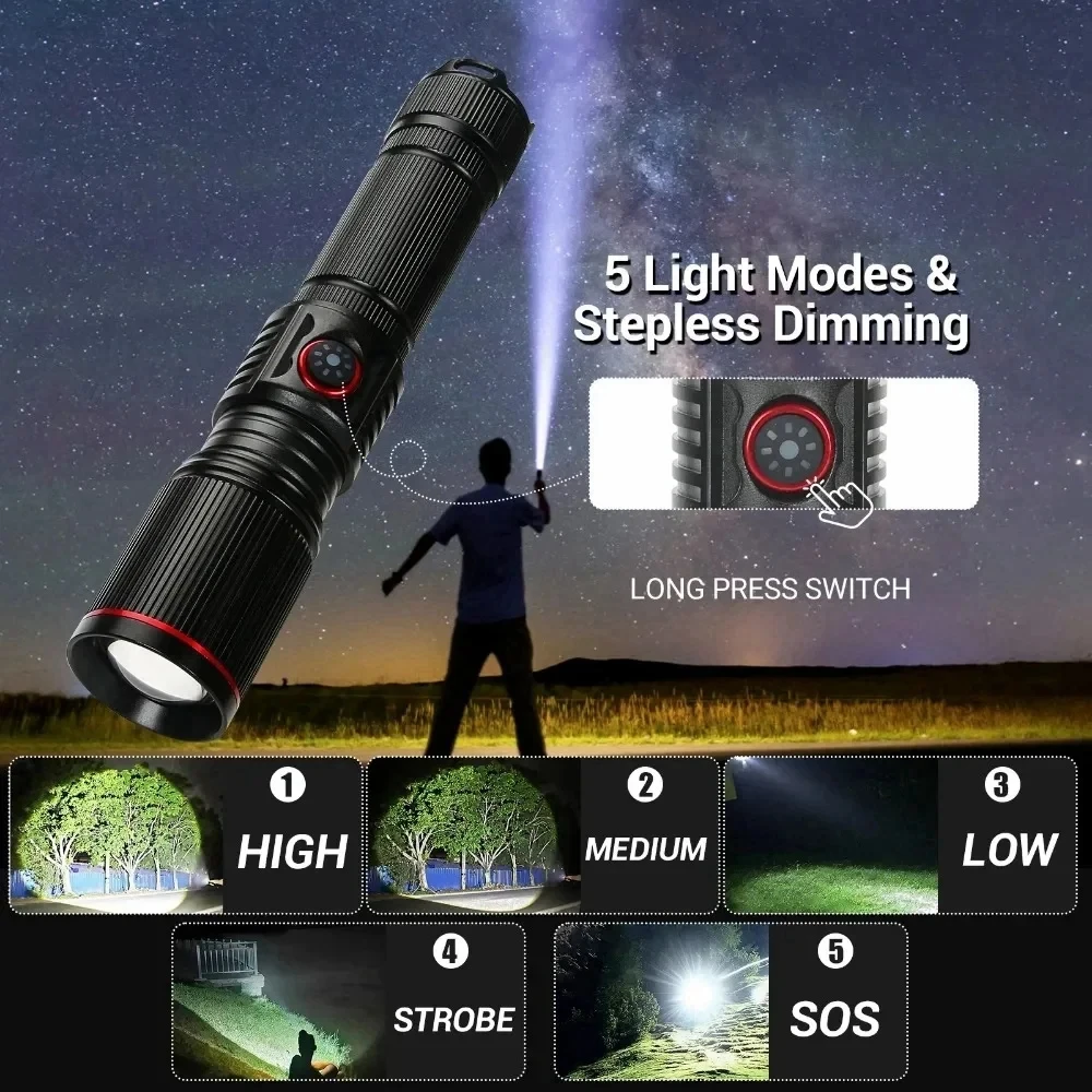 30 W hohe helle LED-Taschenlampe, hohe Leistung, Typ C, wiederaufladbare Zoom-Taschenlampe, Camping, Outdoor, Jagd, Angeln, Wandern, Beleuchtungslampe