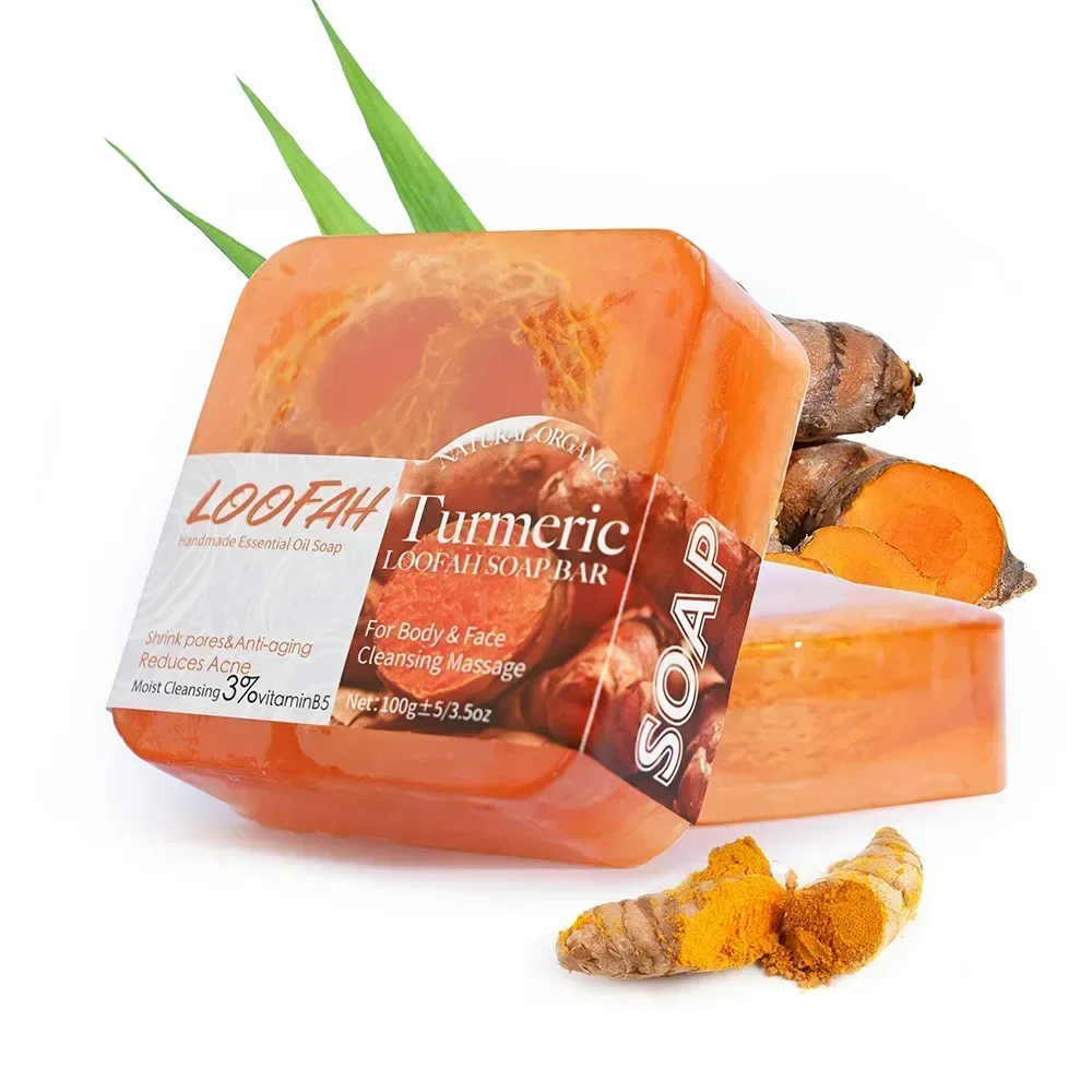 Handgemachte Kojisäure-Seife mit Luffa, 100 g, Zitrone, Lavendel, Rose, Kurkuma, ätherisches Öl, Badebar, neues Design, Peeling-Reinigung