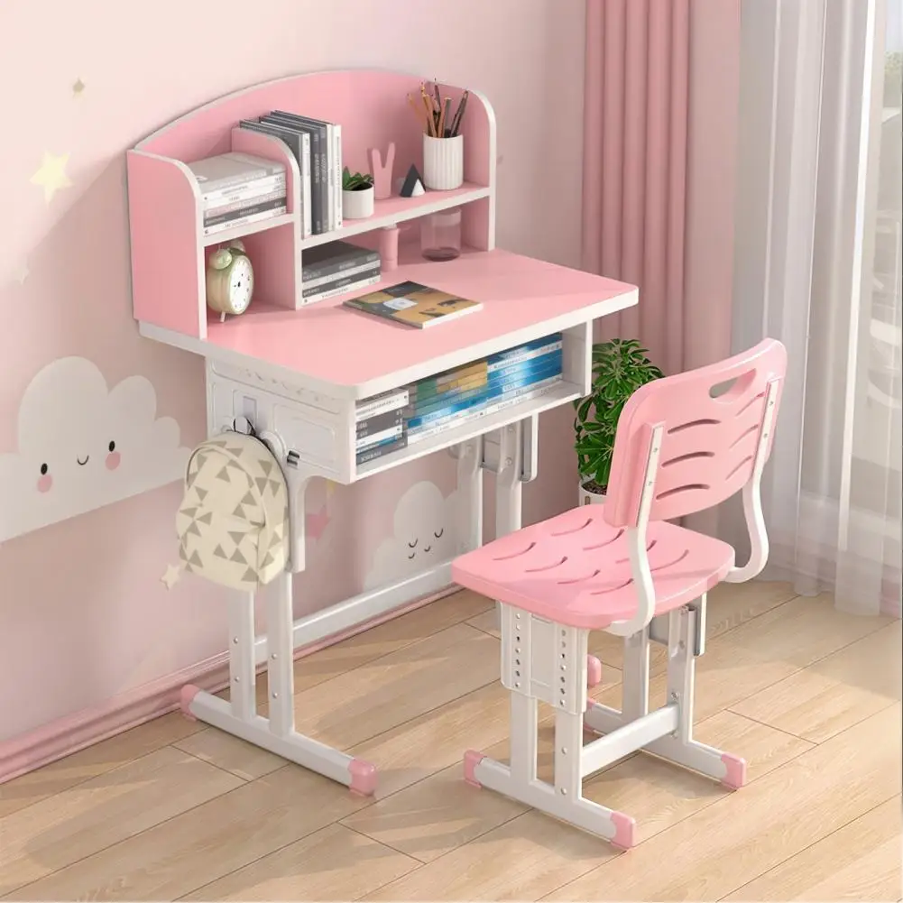 Conjunto de mesa e cadeira de estudo para crianças, 2 tamanhos, altura ajustável, super suporte de carga, espaçosa, mesa de estudo com gancho para bolsa escolar
