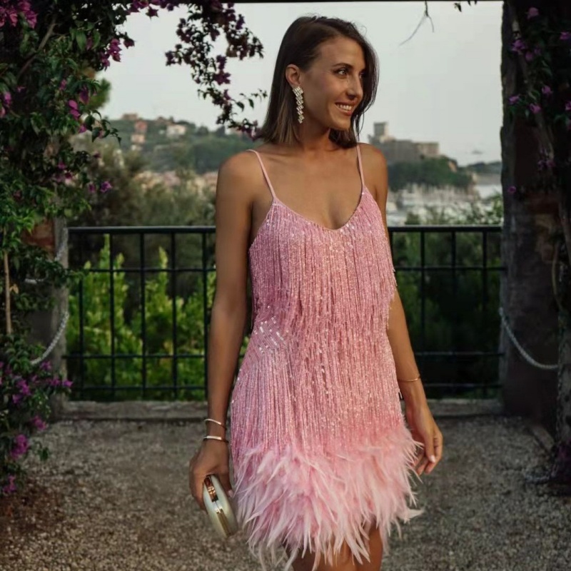Mini vestido com franjas de lantejoulas e acabamento de penas vestido de festa brilhante com decote em V sem mangas para mulheres no clube noturno