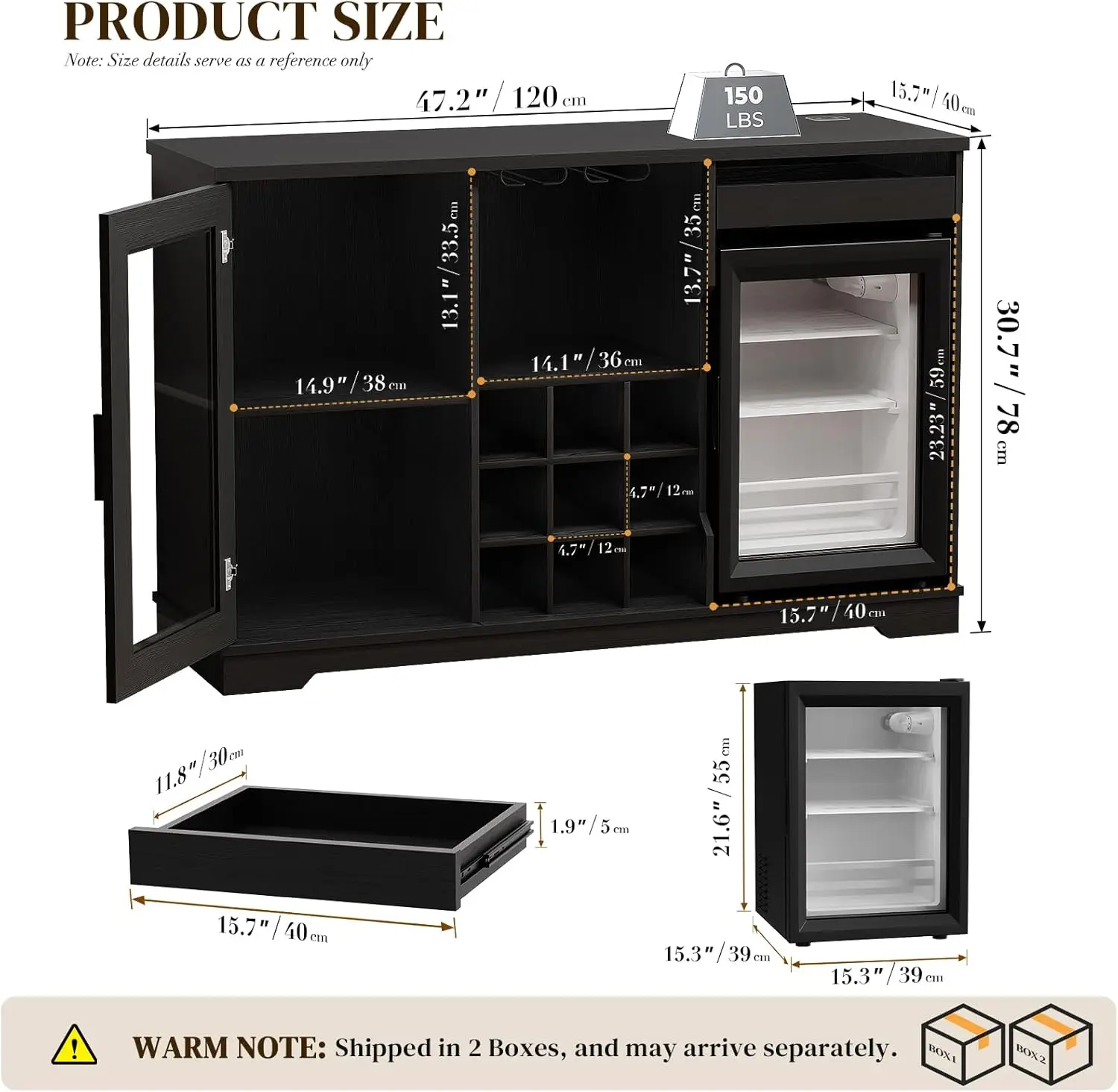 Wine Bar Cabinet with Fridge, LED Lights, Human Body Sensor, Black