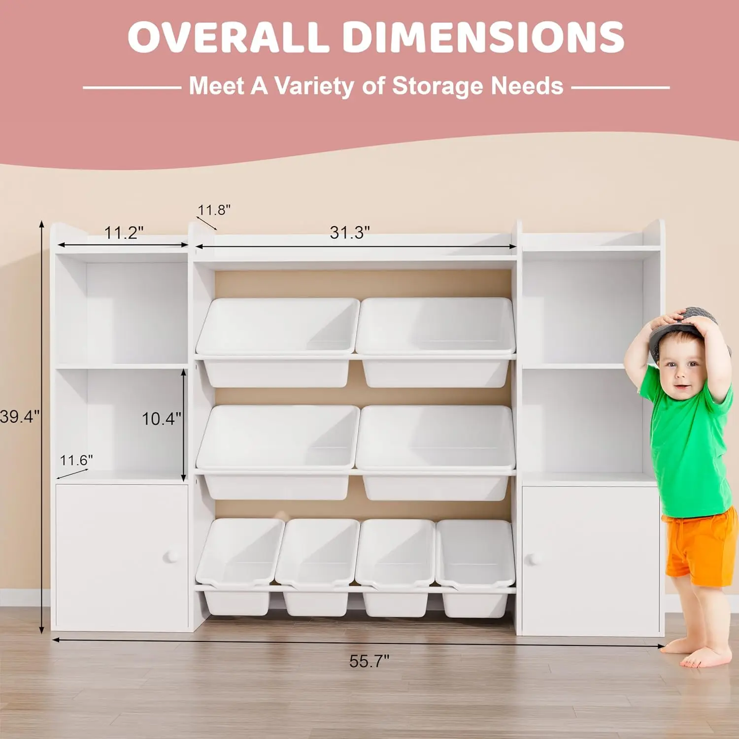 Kids Toy Storage Organizer W/8 Removable Bins, 4-Tier Organizers W/6 Storage Cubbies, Kids Bookshelf and