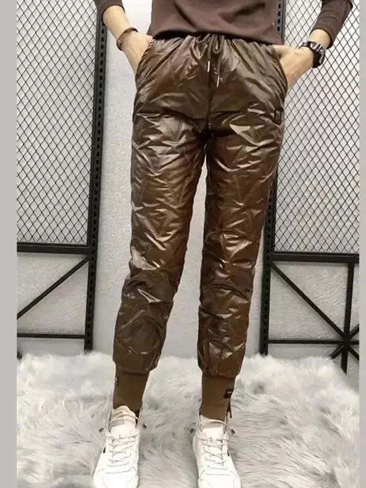 겨울 오버 사이즈 다운 코튼 펜슬 바지 따뜻한 한국 패션 슬림 두꺼운 여성 Pantalones 캐주얼 하이 웨이스트 블랙 바지 4XL