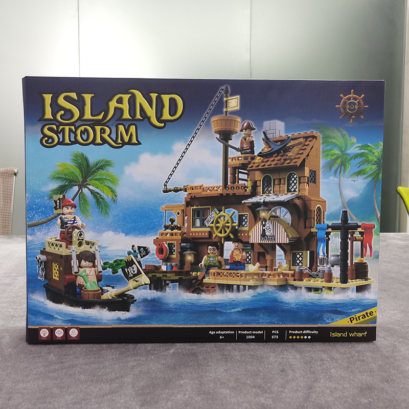 Creative ยุคกลาง Pirate Island Fortress ปราสาทอาคารบล็อกผจญภัยเรือ Log Cabin เรือประกอบอิฐของเล่นเด็กของขวัญ