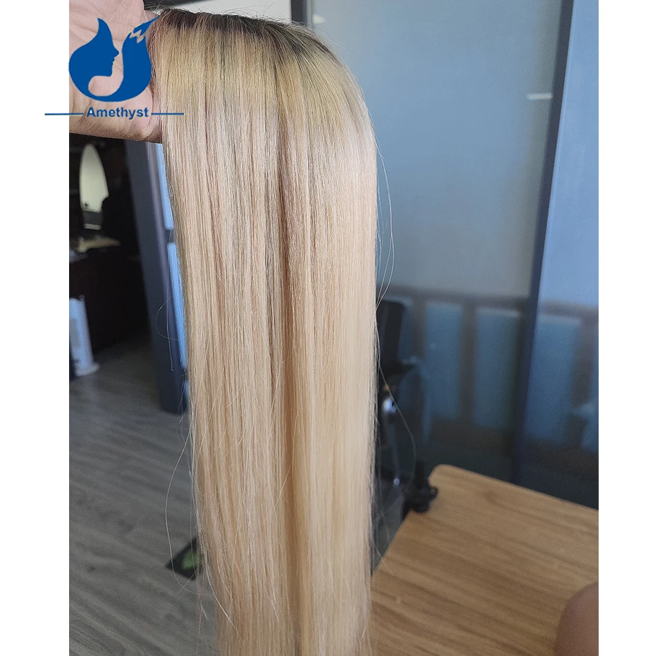 Topper de cabelo com base de seda reta de ametista com balayage ombre destaque cabelo humano europeu virgem para mulheres com raiz escura 5 "x 6"