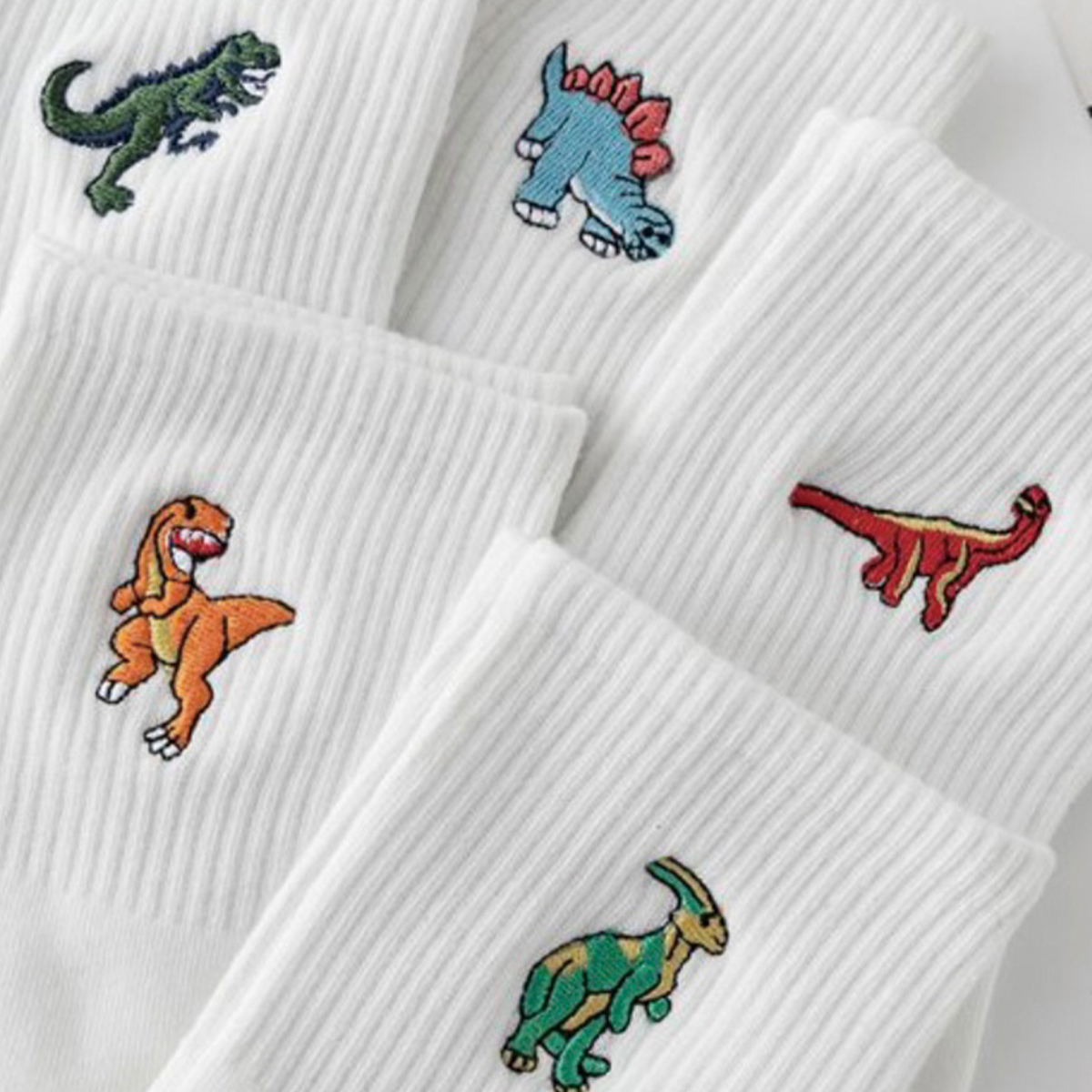 5/10 pares de calcetines de tripulación dinosaurio de dibujos animados cómodos, transpirables, que absorben la humedad y absorben el sudor