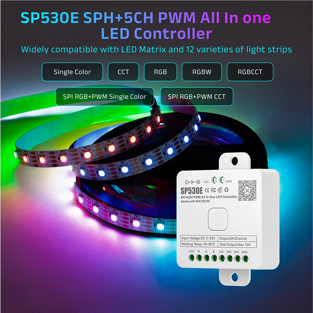 Controlador LED todo en uno SP530E Wifi Alexa Google Home BT SP630E 5CH PWM SPI píxeles tira de luz LED WS2812 SK6812 WS2811 FCOB
