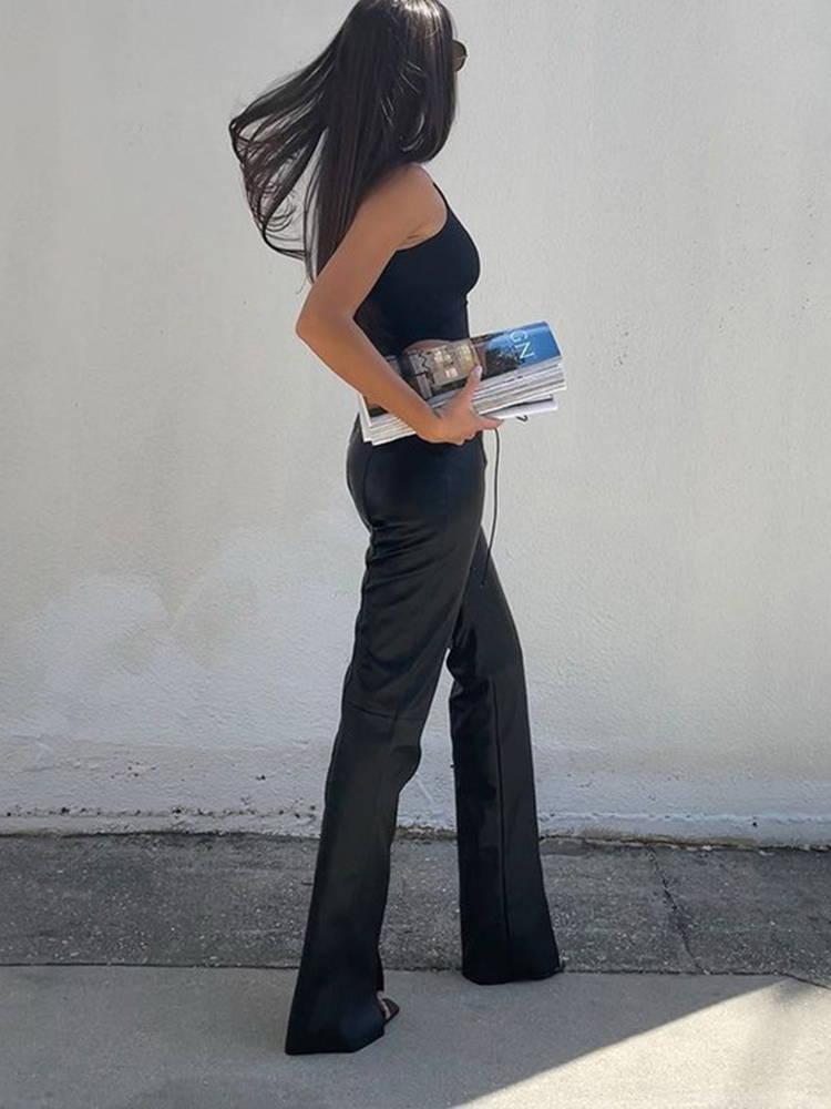 Cryptographic moda pu couro falso cintura alta calças retas magros para mulheres streetwear inferior clube festa goth pant