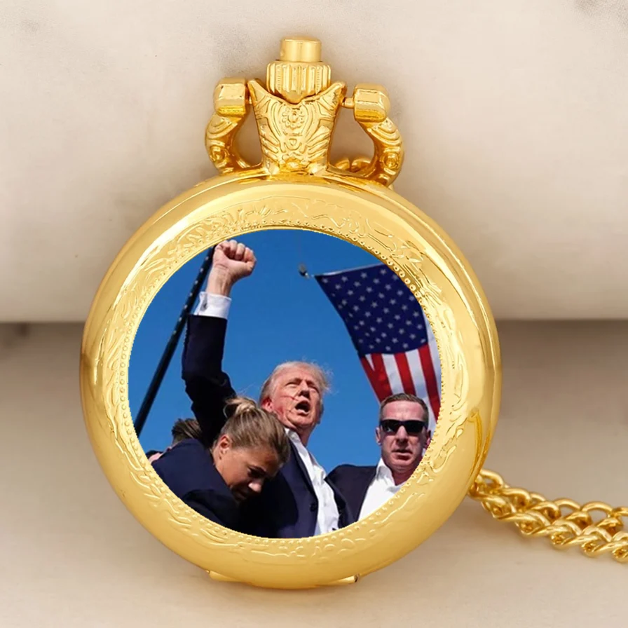 Vintage Trump 2024 Election Memorial Pocket Watch Quartz Clock President Assassinated, Big Event, Unique Souvenir Necklace Gift