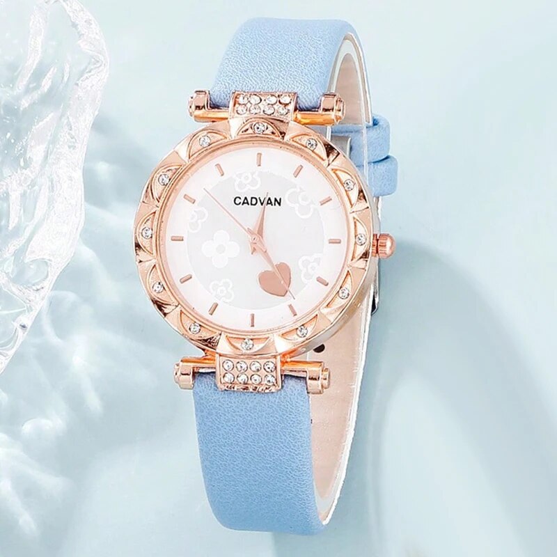 5 pçs conjunto moda feminina relógios pulseira de couro relógio senhoras elegantes relógios de quartzo para mulheres luxo azul simples relógios redondos