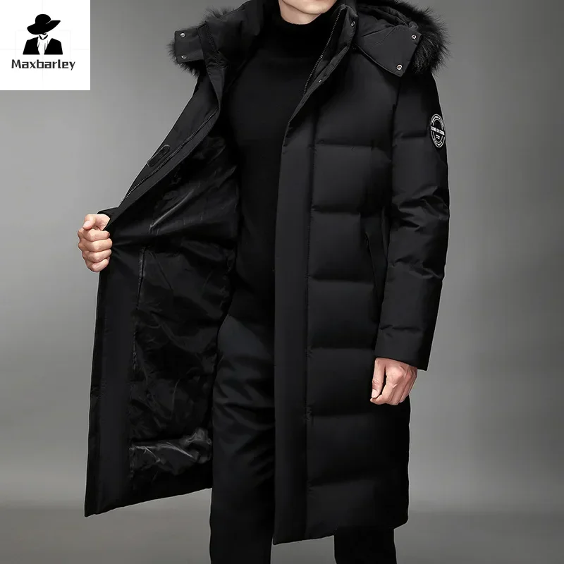 Winter Long Down Jacket Men's Light Luxury Fur Collar Hooded Windproof White Duck Down Warm Coat Korean Thick Snow Puffer Jacket