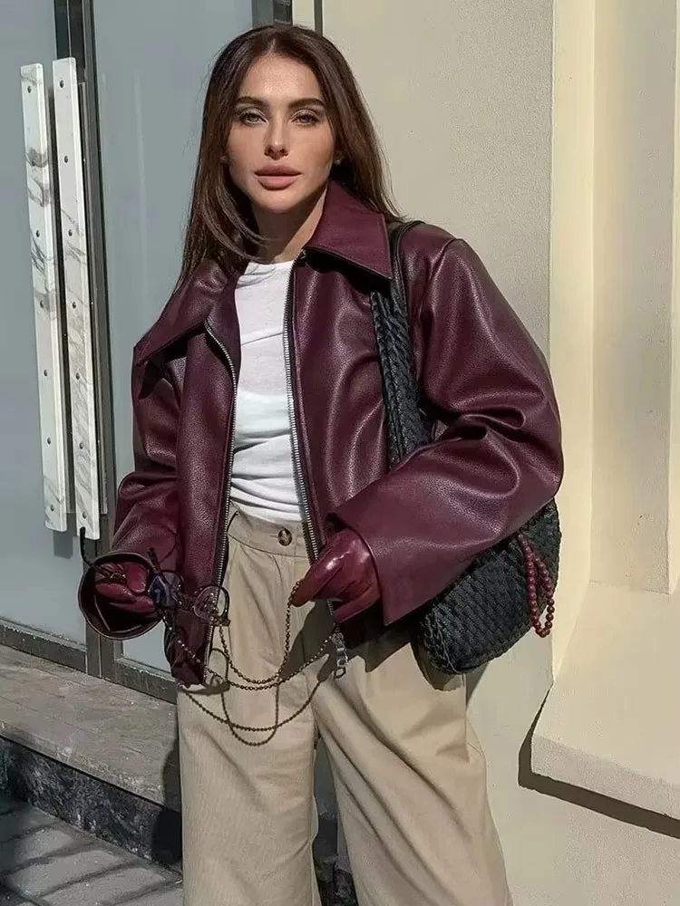 Hh vinho vermelho couro falso jakcet moda outerwear engrossar zíper lapela casacos do plutônio outono inverno streetwear senhoras topos feminino