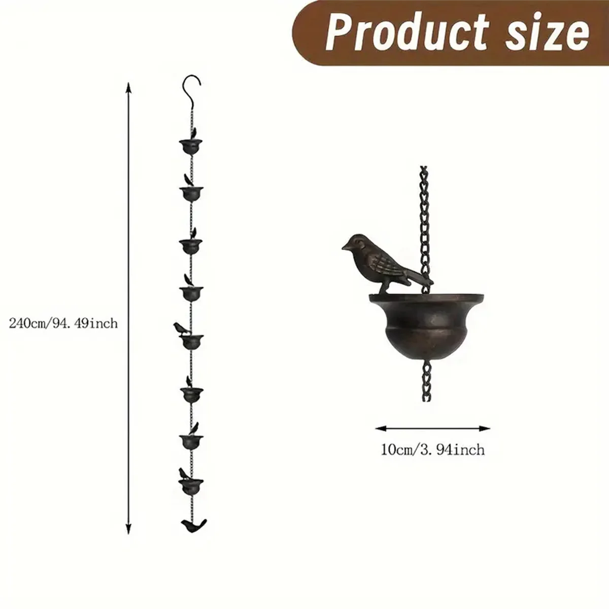 Correntes de chuva para calhas, Aves móveis em copos, Rain Chimes com cabide anexado, 7,8ft