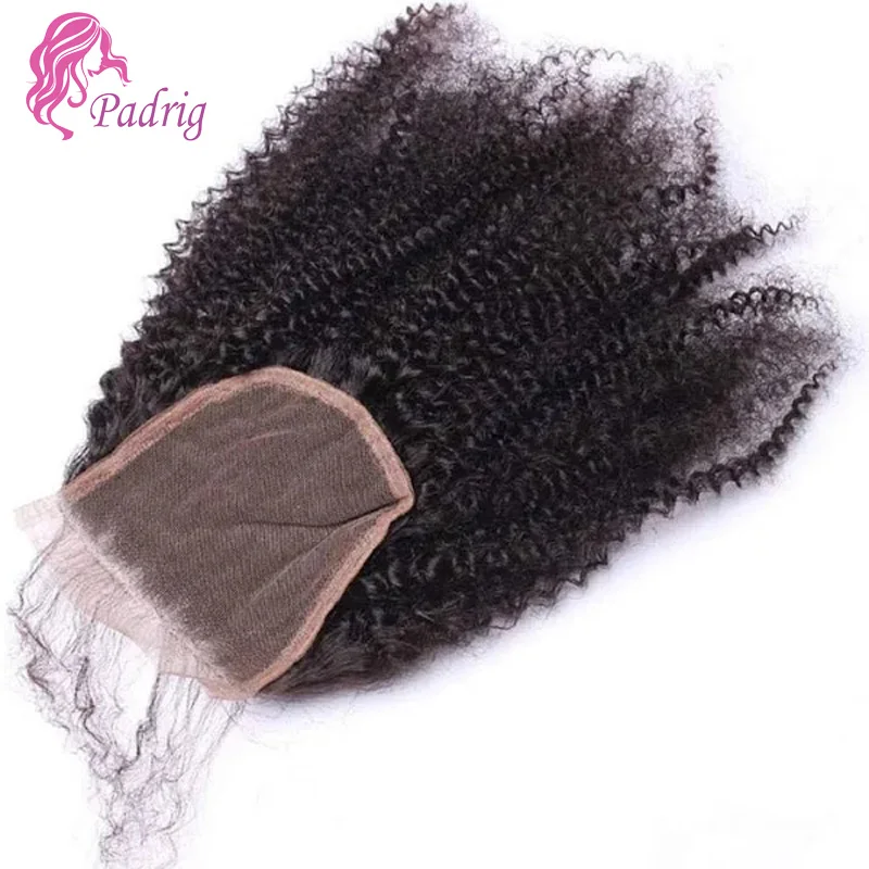 10-18 pulgadas Afro rizado 4x4 Cierre de encaje cabello humano Remy indio encaje suizo transparente Pre-arrancado Color Natural 180% de densidad