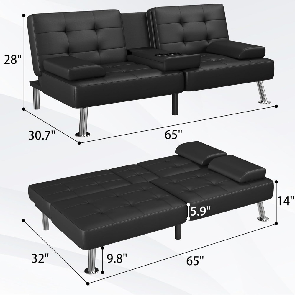 Futon Sofa Bed, Modern Folding Futon Set, Convertible Lounge Chair, Suitable for Living Room with 2 Cup Holders