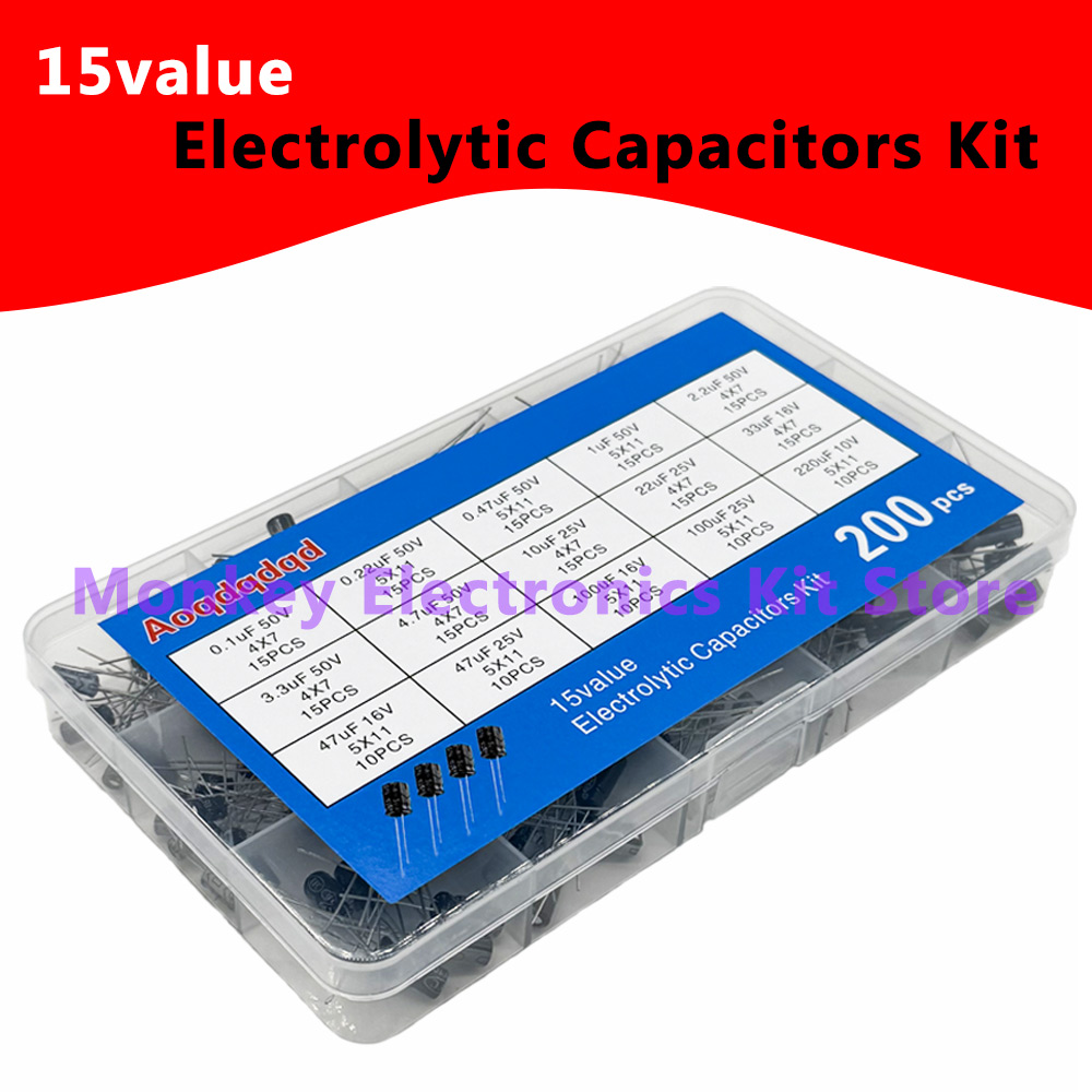 200 unids/lote 15 valores 10V 16V 25V 50V 0,1uF-220uF 0,22uf 2,2uf 100uf juego de condensadores radiales Kit surtido de condensadores electrolíticos