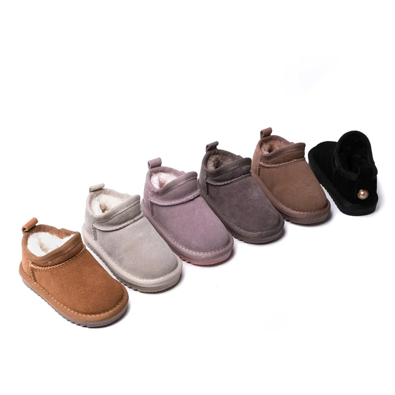 Crianças botas de neve de couro genuíno inverno bebê macio quente sapatos de algodão com pelúcia meninos meninas uma pele camurça botas princesa retro bota