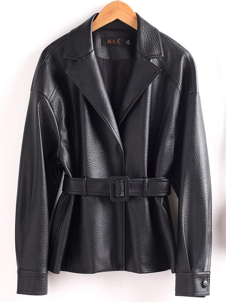 Nouveau Femmes Refente de cuir Blazer avec ceinture fine Printemps Automne Mode Col cranté Ample Veste en Refente de cuir Manteau pour femme