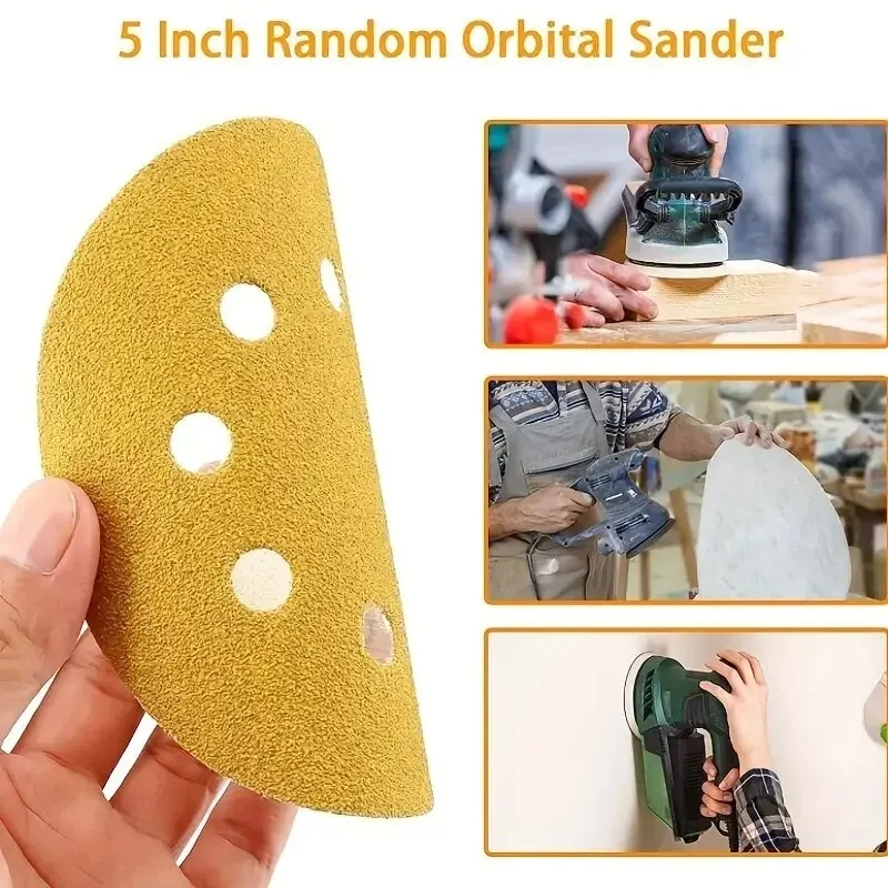 10pcs 5 Inch Yellow Sanding Discs 8 Holes 125mm Hook And Loop Aluminum Oxide Sandpapers For Polishing Random Orbital Sander