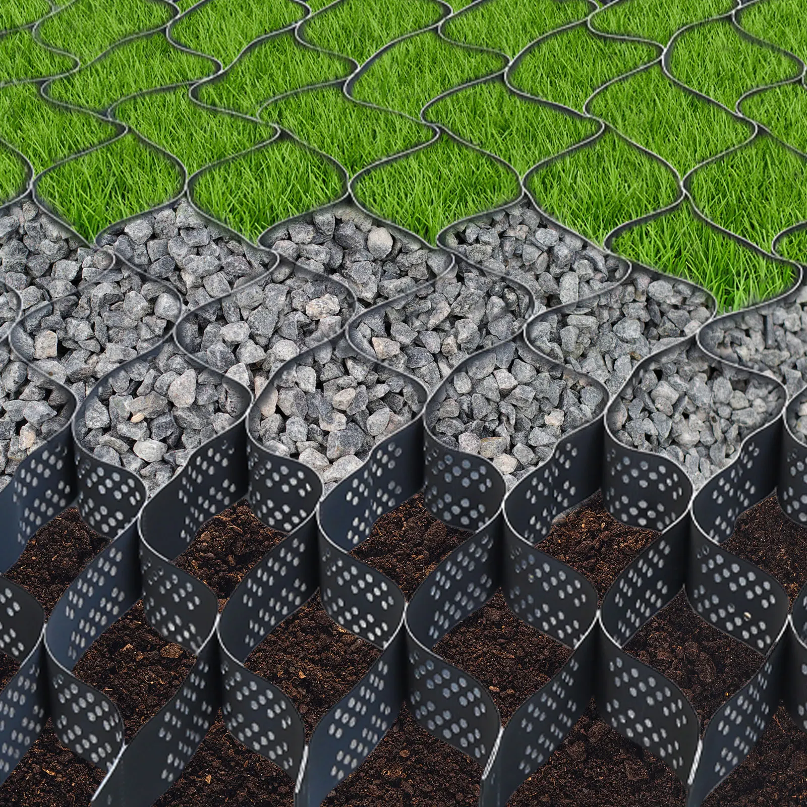 4 Inch Thick Black Geo Grid Ground Grid Polyethylene Strength, 1pc Multi-functional Geogrid Fordriveways, Roads, Parking Lots