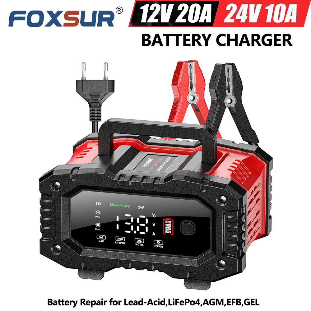 12V 20A & 24V 10A FOXSUR FPT-200 Autobatterieladegerät für Moto Truck Batteriereparatur für Blei-Säure AGM LiFePo4 EFB GEL WET