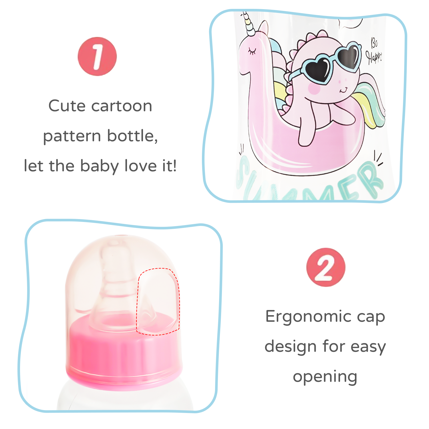 Biberon pour nouveau-né de 250ml, biberon PP de dessin animé anti-fuite, biberon sûr et durable, sans BPA, motif aléatoire