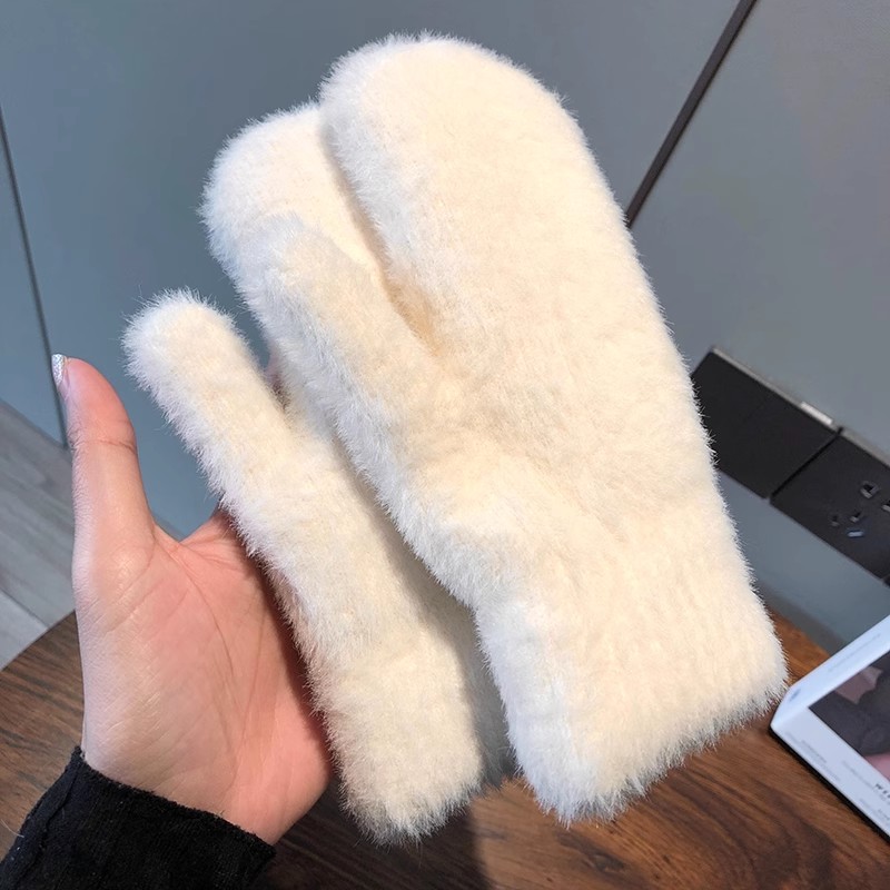 Nuevos guantes de invierno para mujer, además de Cachemira, elasticidad sólida, manoplas suaves con dedos completos, guantes tejidos de piel de conejo de imitación