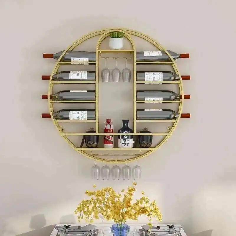 Nordic redondo fixado na parede rack de vinho rack de armazenamento em casa com suporte de vidro de vinho moderno móveis de bar luxo ouro ferro armários de vinho