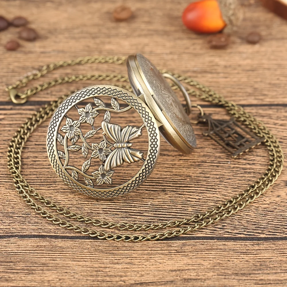 Requintado vintage bronze oco borboleta com gaiola pingente relógio de bolso de quartzo com colar corrente presente masculino feminino relógio