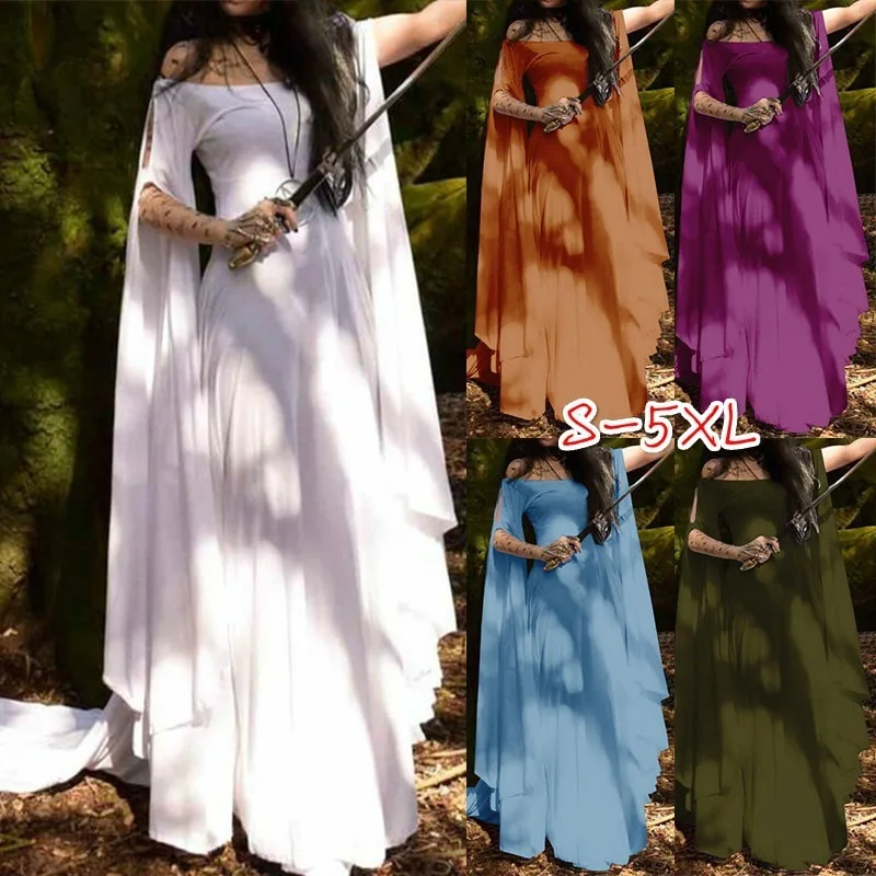 Halloween Costume Women Dress Medieval Dresses Party Long Sleeve Round Neck Belt Women's Dress