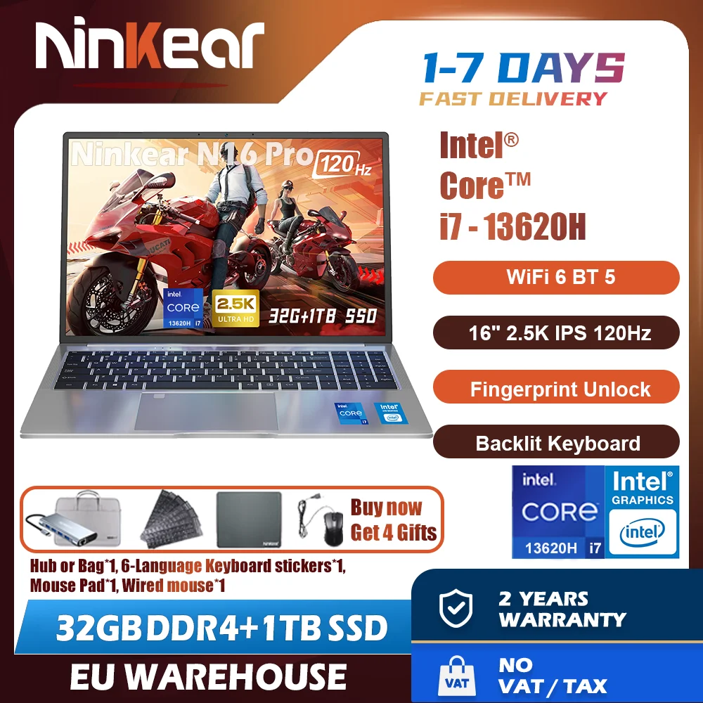 Laptop da gioco Ninkear N16 Pro 13th Intel i7-13620H Computer da 16 pollici 2.5K IPS 120Hz 32GB DDR4 + 1TB SSD WiFi 6 Sblocco delle impronte digitali