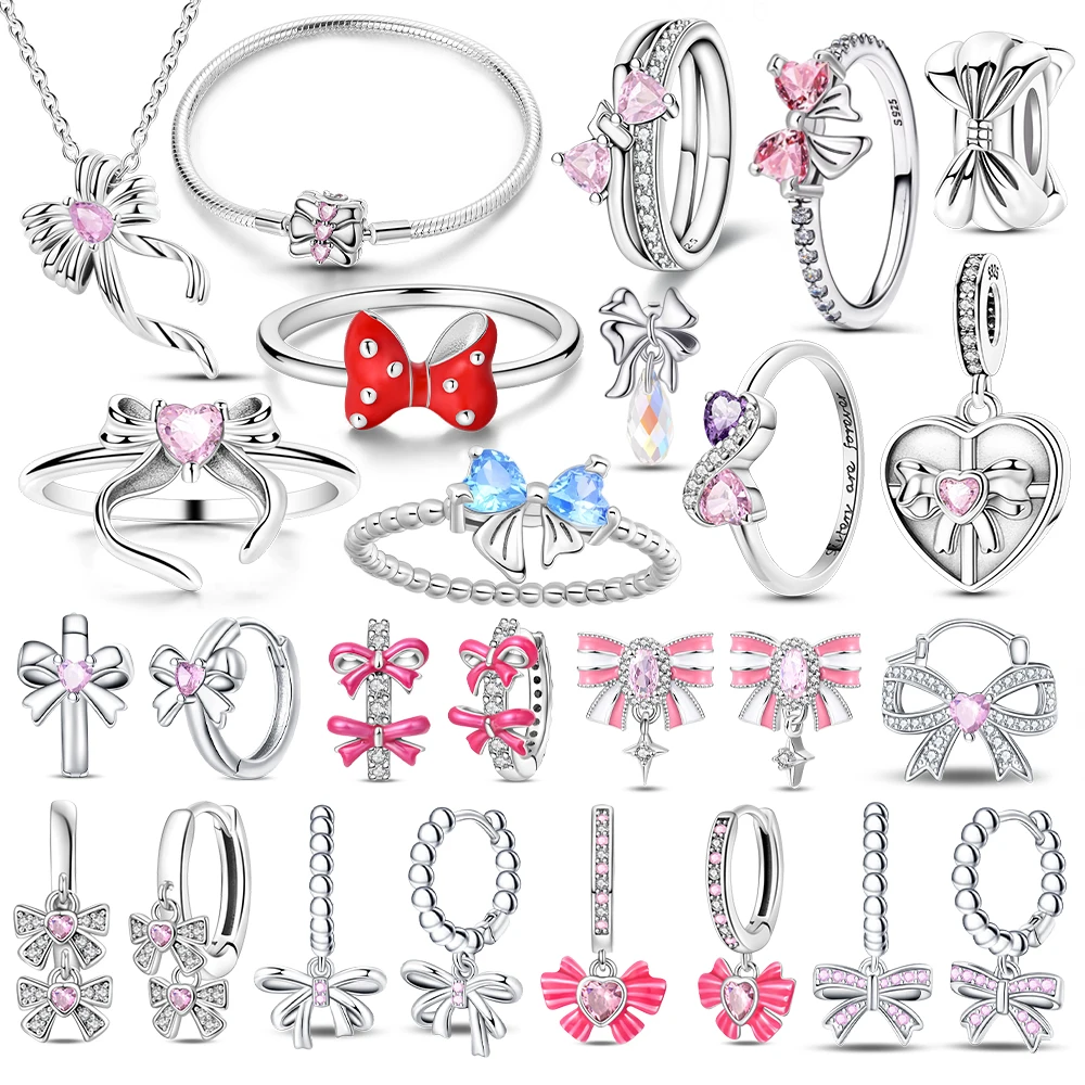 2024 New 925 Silver Ring Zircon Shining Bow Tie Set Ring Earrings Bracelets Necklace Original DIY Women Fine Jewelry Gift