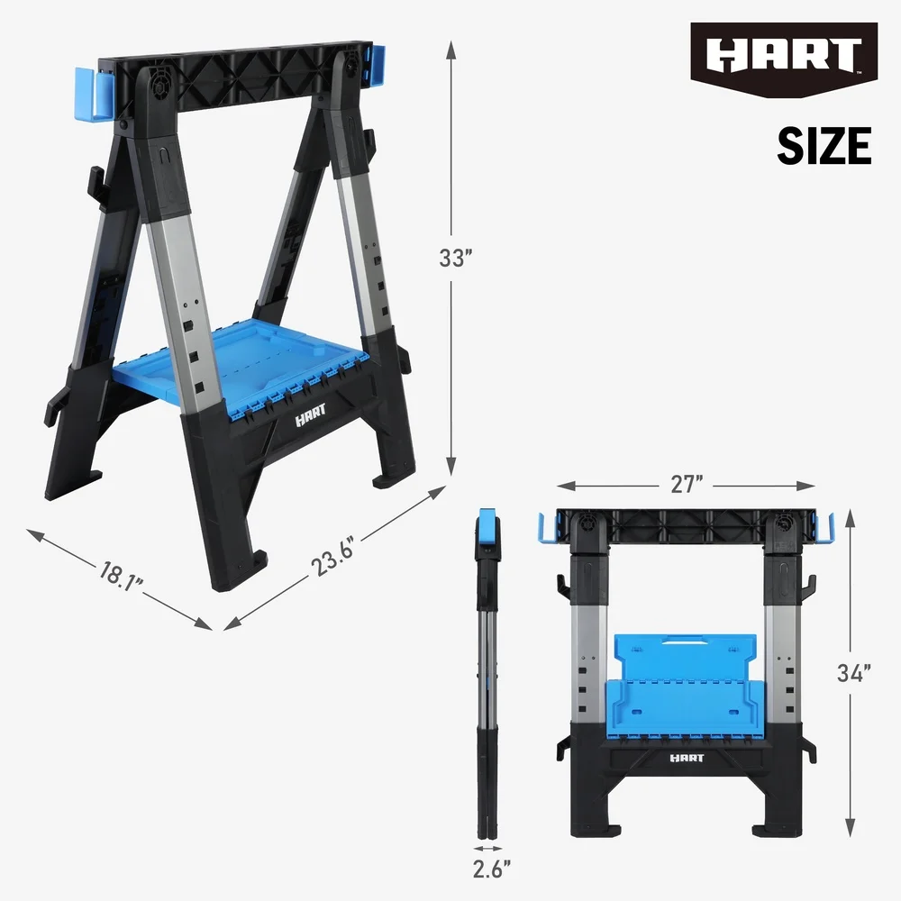 Heavy-Duty Folding Sawhorse Adjustable Height Portable Work Support Non-Slip Rubber Feet Built-In Tool Tray Contractors